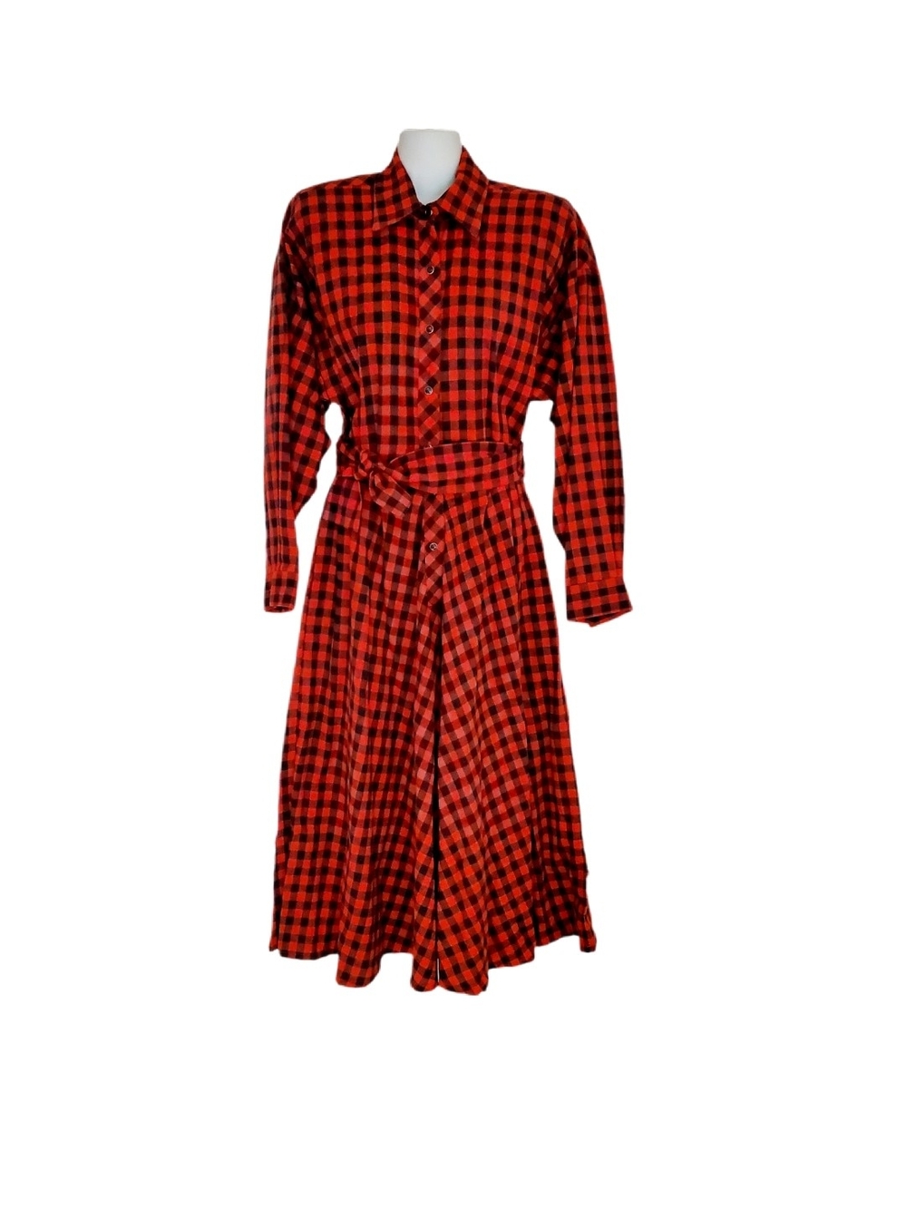 Norma Kamali Red and Black Plaid Long Sleeve Shirt Dress
